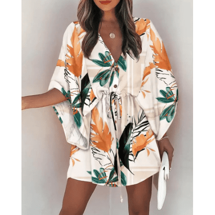 Women's V-Neck Tie Printed Beach Dress