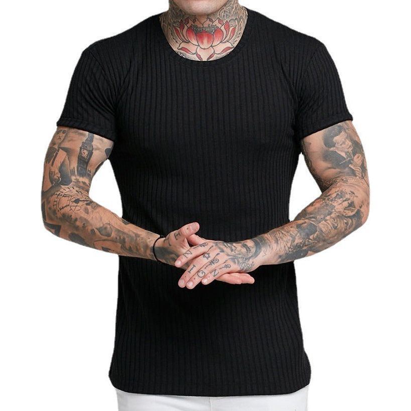 Men's Summer Sports Fitness Casual Stand Collar Elastic Vertical Bar Round Neck Short Sleeve T-shirt - Jointcorp