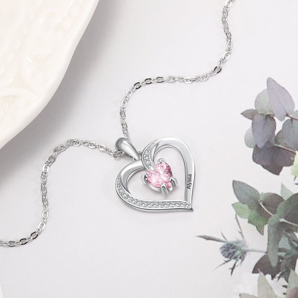 Personalized And Customizable Lettering Name Sterling Silver Heart-shaped Stone Necklace - Jointcorp