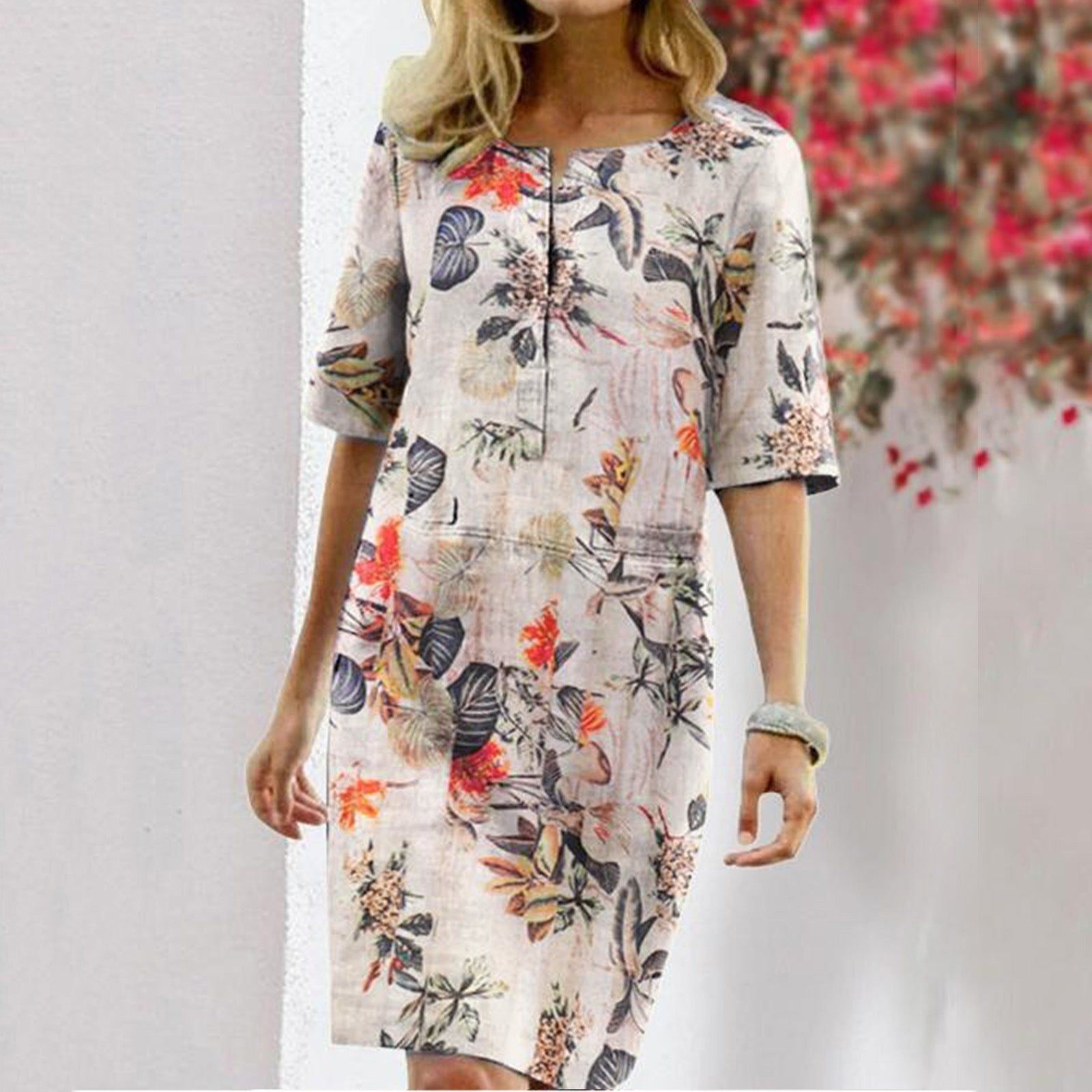 Vintage Dress Women Summer Floral Leaf Print Slit Round Neck Half Sleeve Dresses - Jointcorp