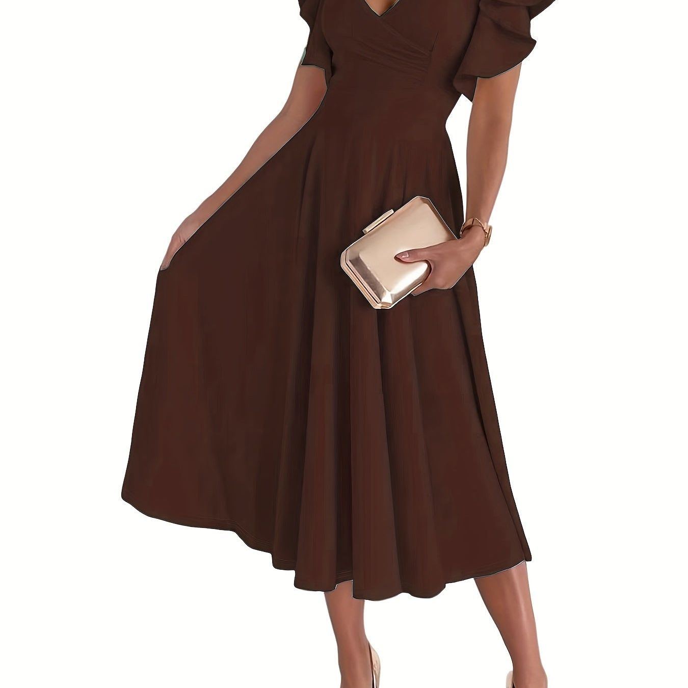 Solid Color Flutter Sleeve Dress, Elegant Surplice Neck A-line Dress, Women's Clothing