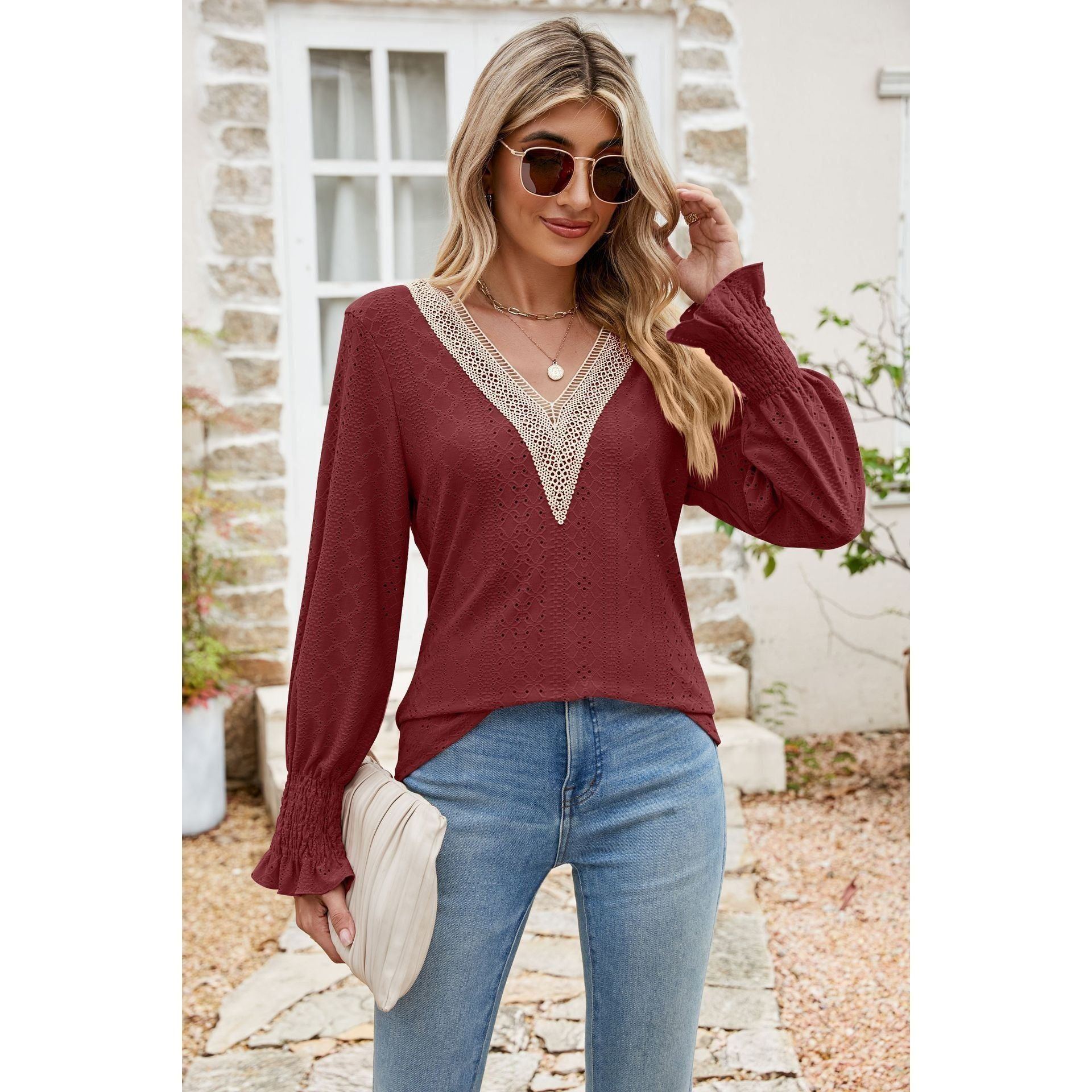 Solid Color Lace V-neck Patchwork Long Sleeve Loose-fitting T-shirt Top