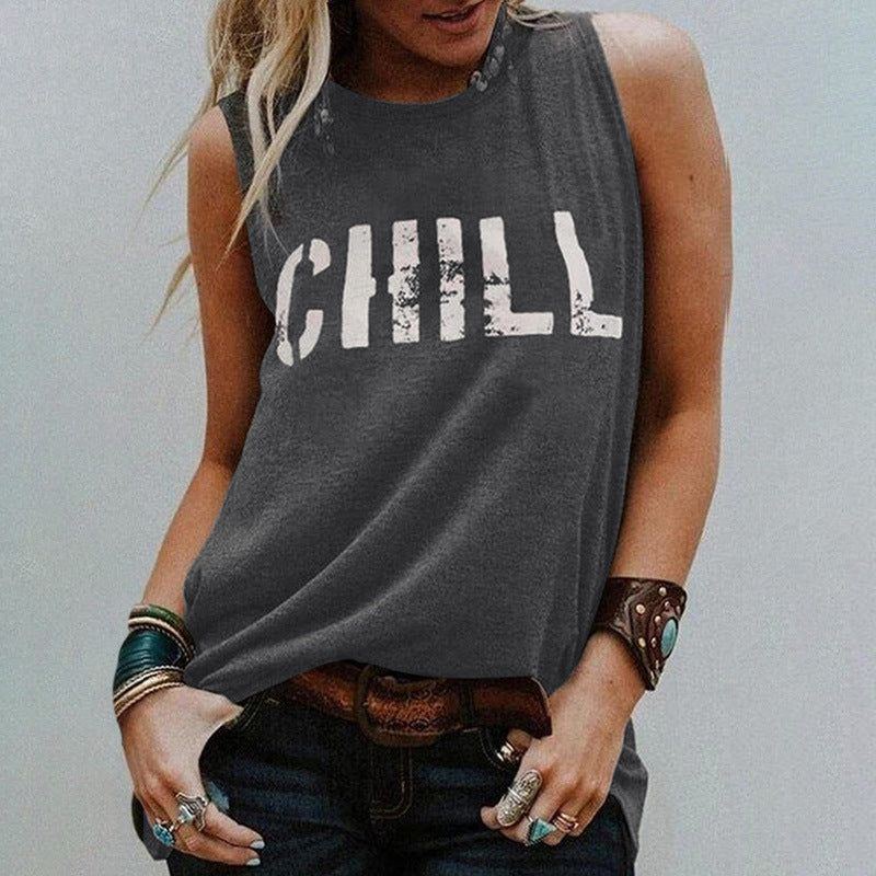 Summer Loose Round Neck Pullover Letter Print Sleeveless Outerwear Top