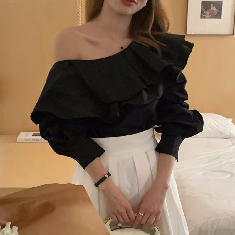 Elegant Irregular Slash Collar Stitching Double Layer Blouse - Jointcorp