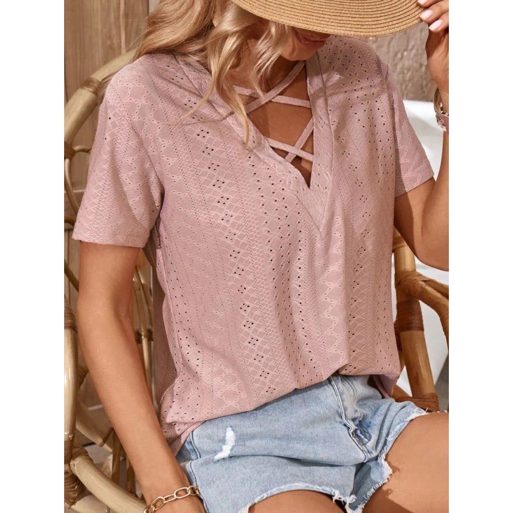 Casual Jacquard Cross Hollow Breathable Loose-fitting T-shirt Top