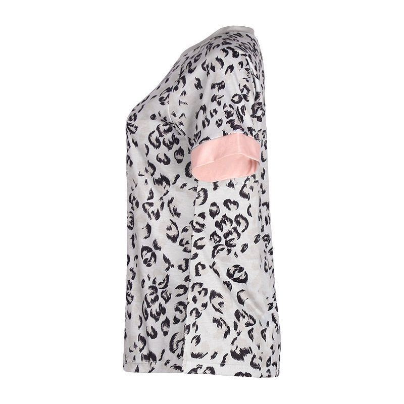 Leopard Print Contrast Color Round Neck Short-sleeved Casual T-shirt