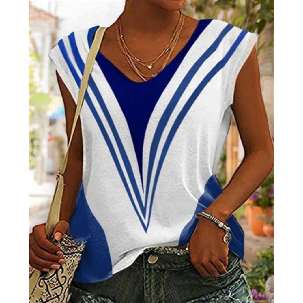 V-neck Casual Loose Striped Printed Short Sleeve T-shirt