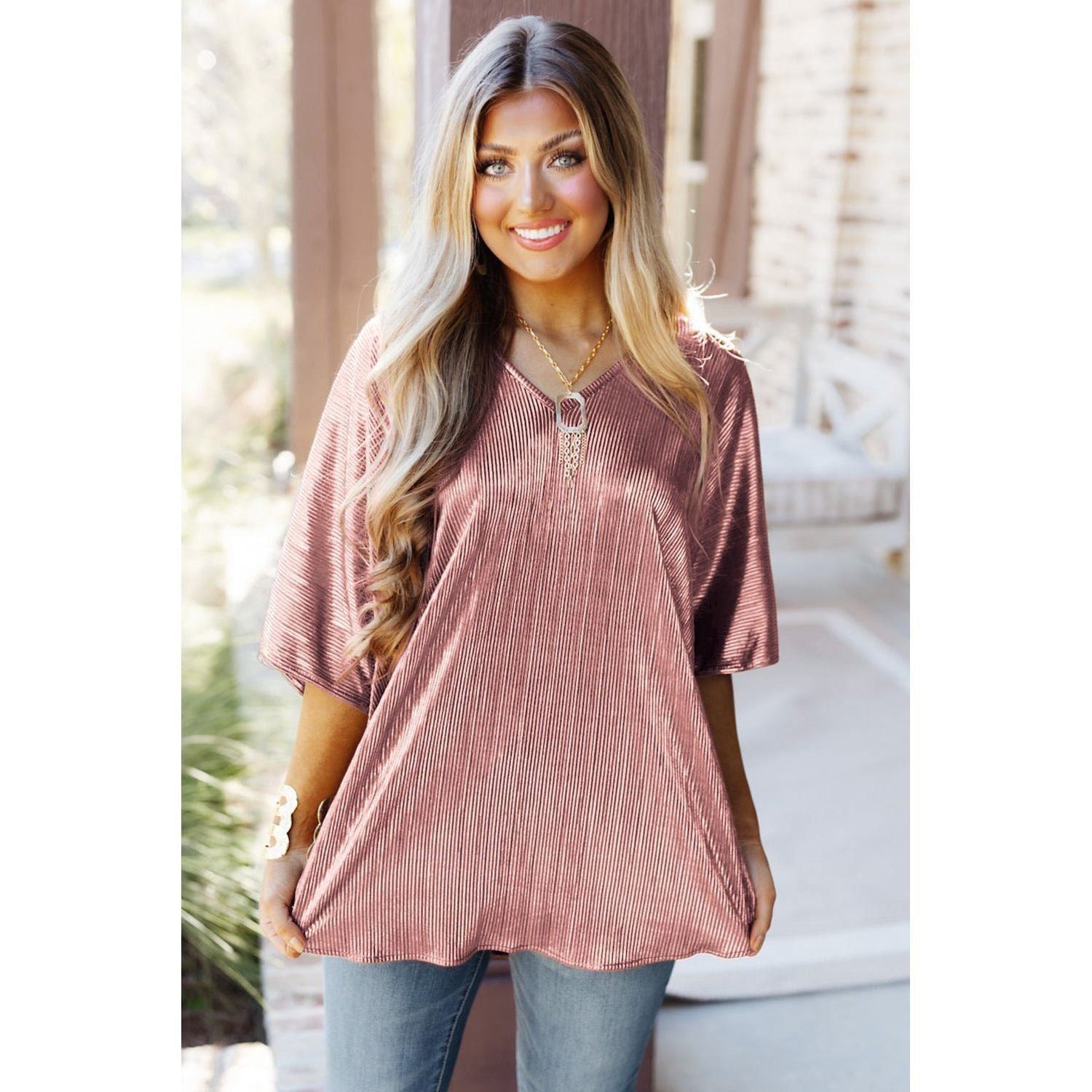 Metal Pullover V-neck Batwing Short Sleeve Top T-shirt