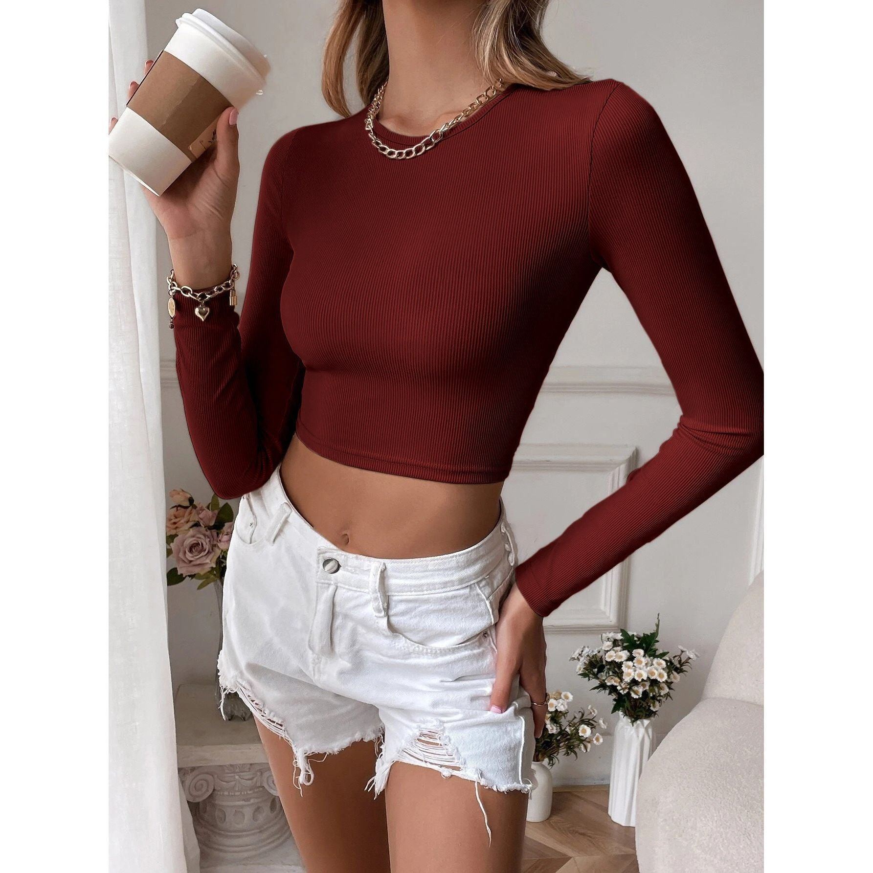Sexy Backless Casual Short Slim Knit Long Sleeve T-shirt Top As A Base To Wear