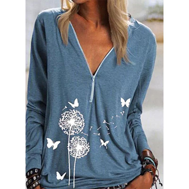 Dandelion Printed Zip Top Casual Long Sleeve T-shirt - Jointcorp