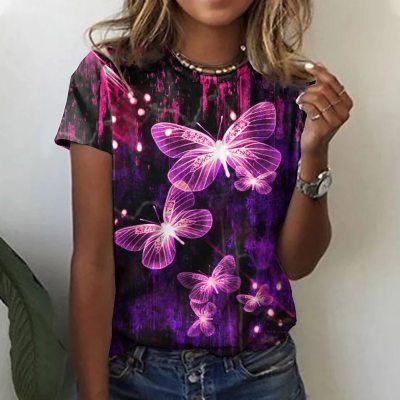 Women's Cotton-like 3D Printed Round Neck Short-sleeved T-shirt