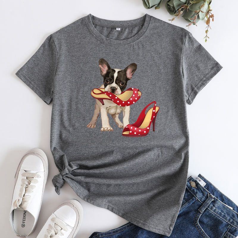 Loose And Cute Dog Print Pure Cotton Round Neck Short Sleeves