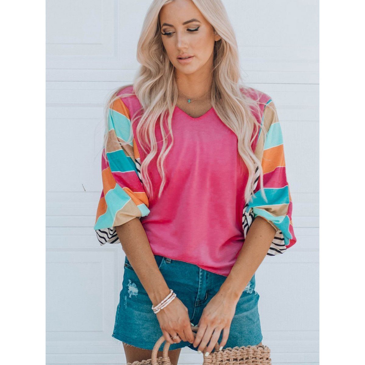 V-neck Pullover Contrast Stitching Short Sleeves Top