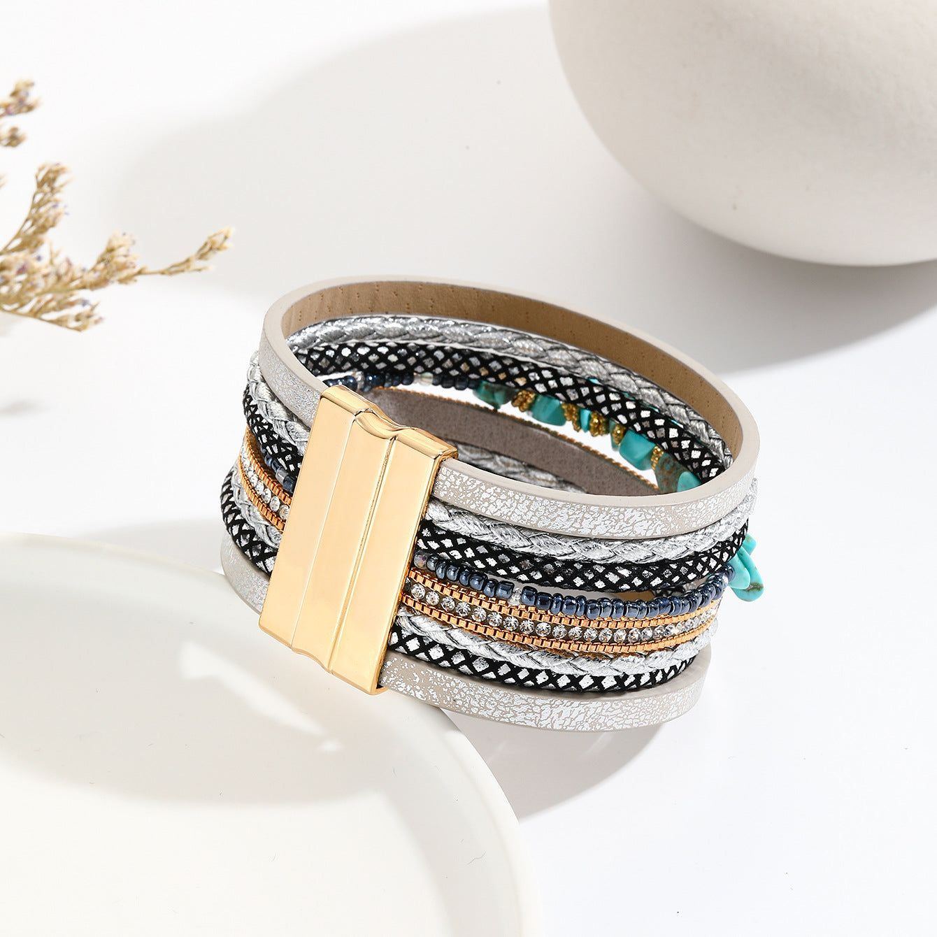 Irregular Turquoise Design Wide-brimmed Leather Bracelet Creative Rhinestone-encrusted - Jointcorp