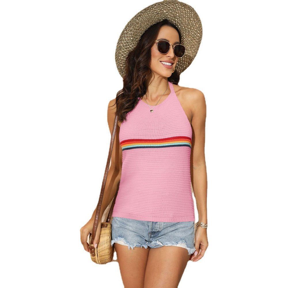 Women's Clothing Rainbow Color-blocking Halter Top Fashion Backless Knitted Lace-up Vest - Jointcorp