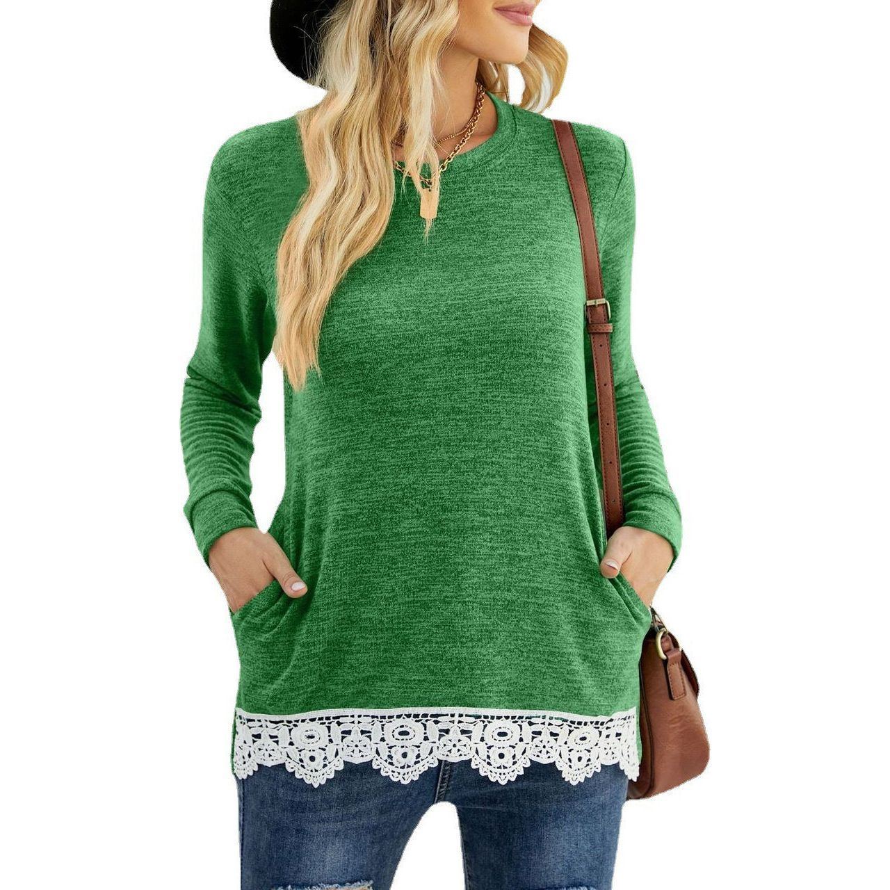 Round Neck Loose Leisure Pullover Pocket T-shirt Lace Stitching Coat
