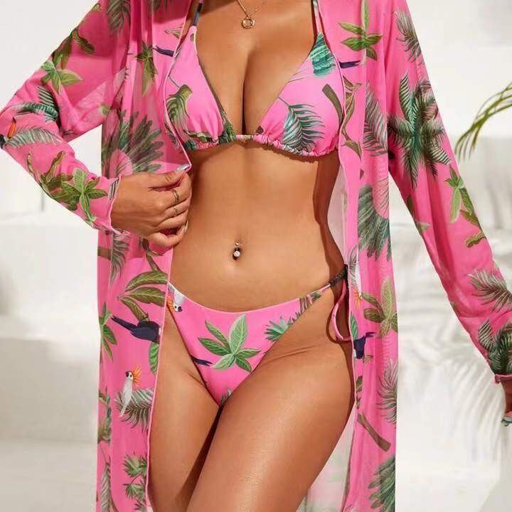 New Swimsuit Women's Printed Mesh Three-piece Blouse