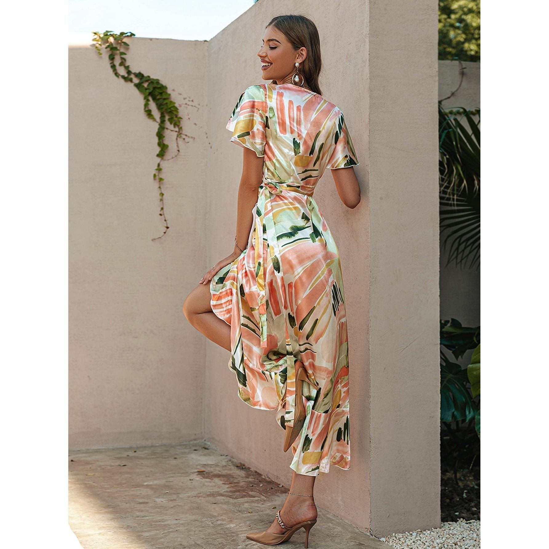 Printed Single Puff Sleeve Mid-waist Cotton Yellow Long Skirt - Jointcorp