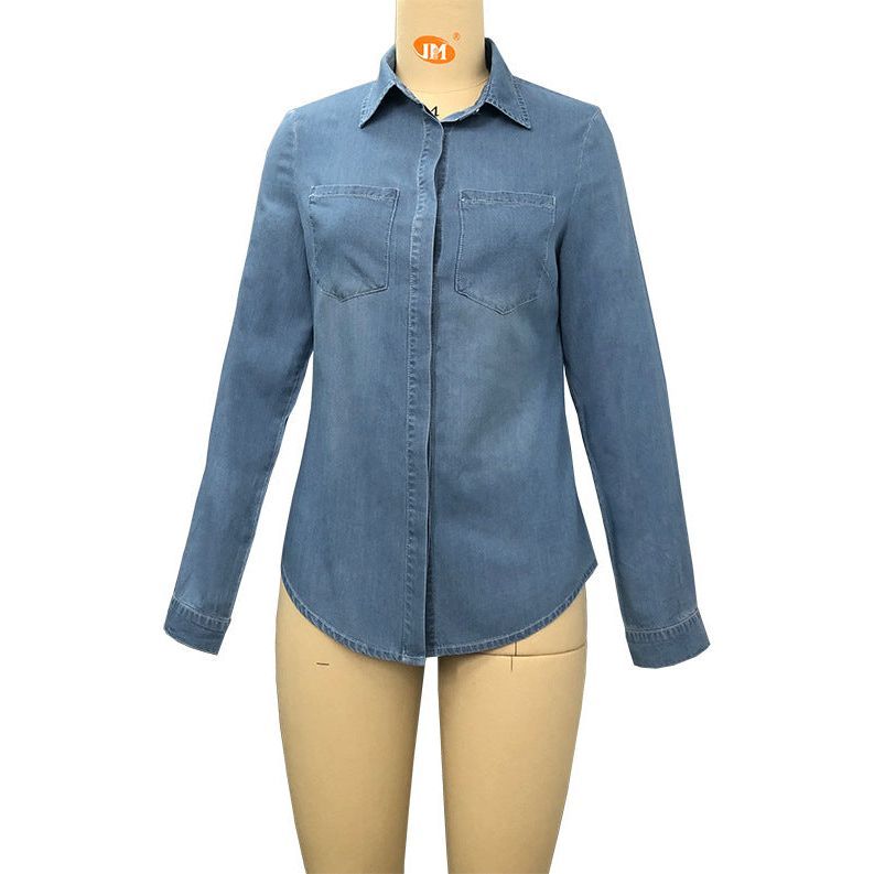 Lapel Denim Shirt Washed Retro Slim Top