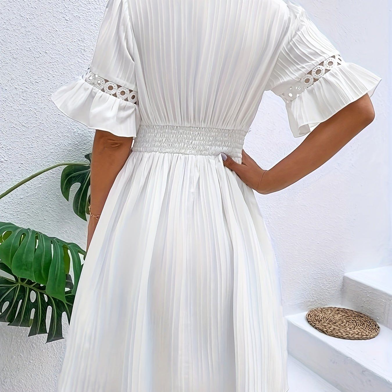 Hollow Out V Neck Dress, Elegant Short Sleeve Dress For Spring & Summer, Women's Clothing