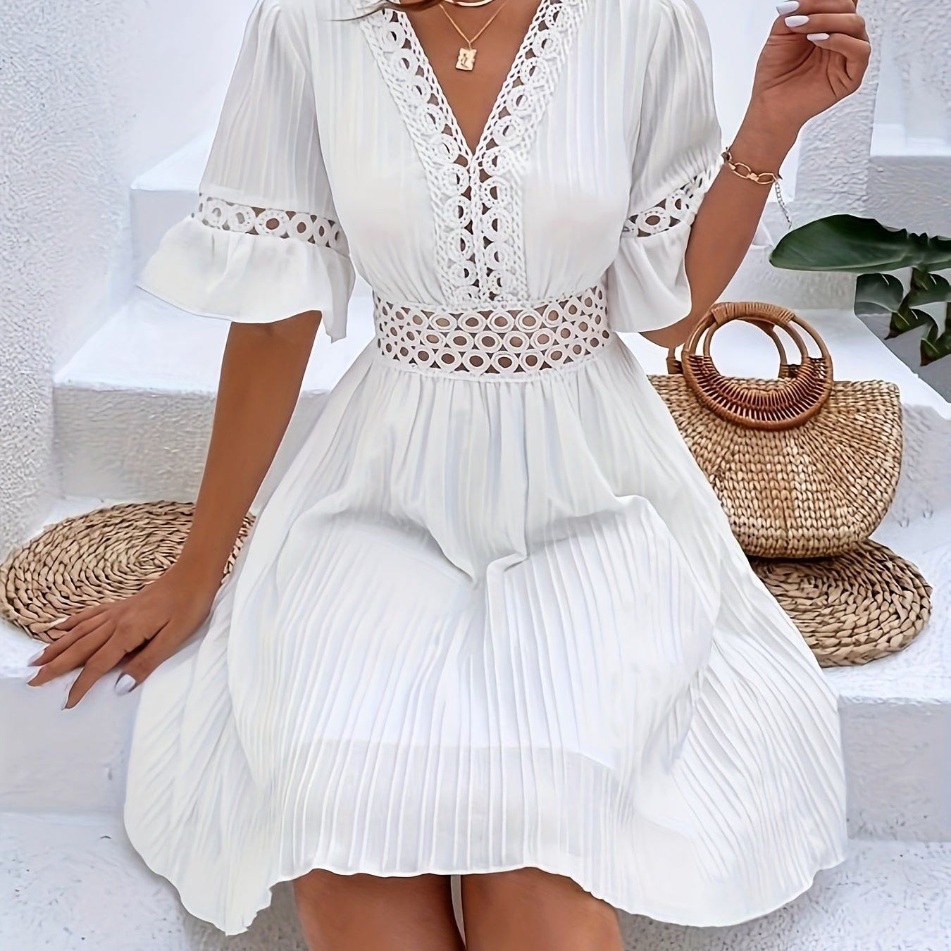 Hollow Out V Neck Dress, Elegant Short Sleeve Dress For Spring & Summer, Women's Clothing