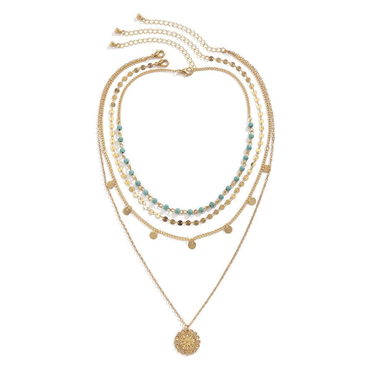 Simple Slim Chain Turquoise Beaded Flower Disk Pendant Necklace For Women - Jointcorp