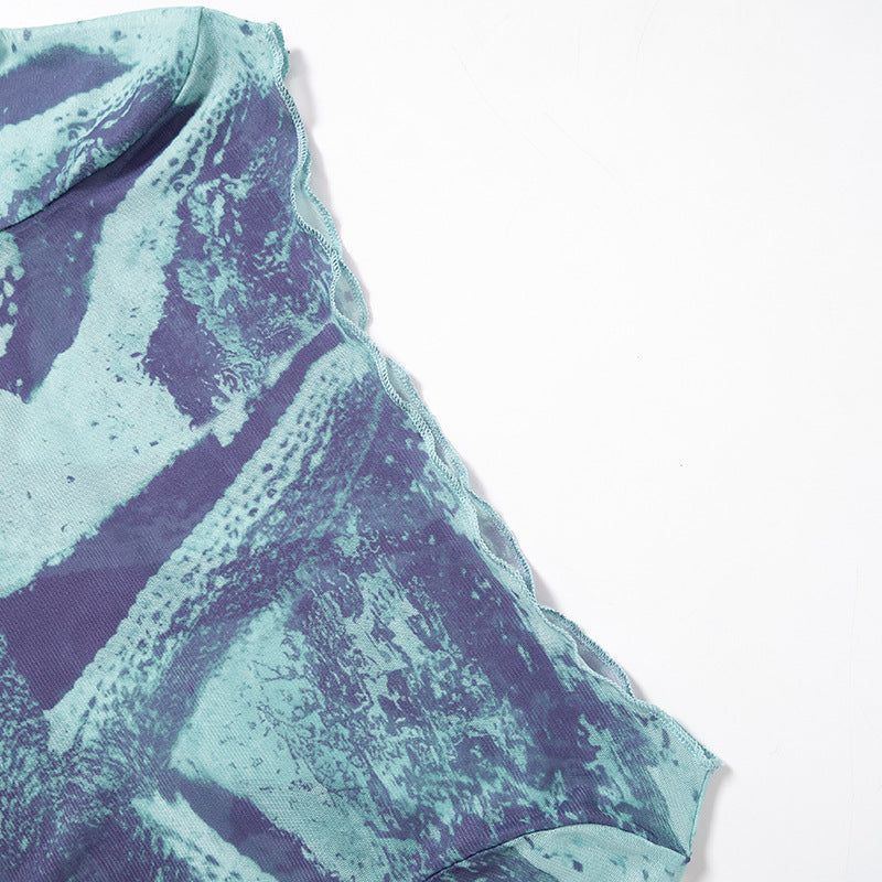 Fashion Trend Abstract Printing Bell Sleeve Short Top