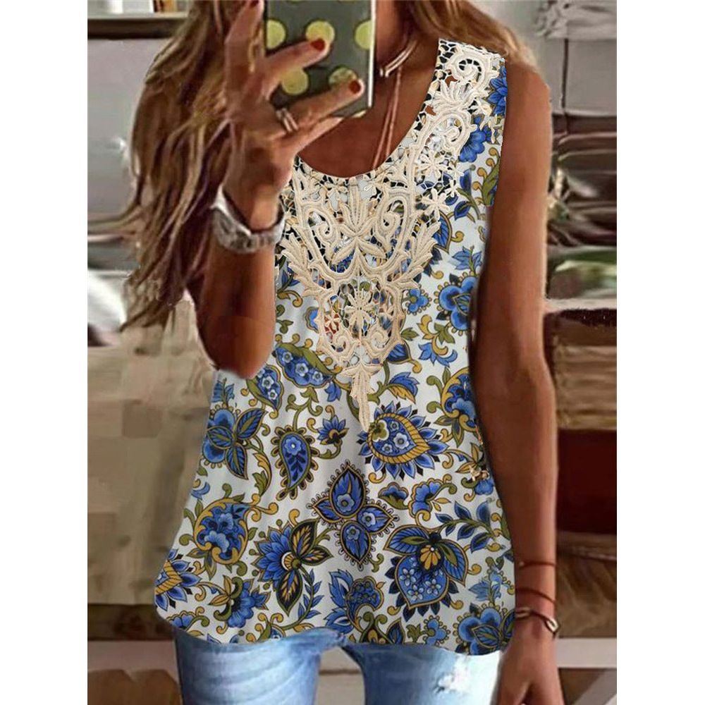 New Vintage Print Sleeveless Lace U-neck Vest Women's Top