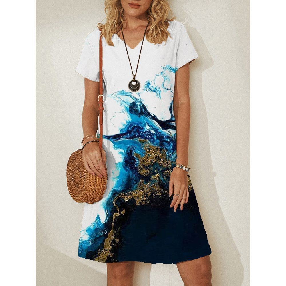 Casual Mid-Length Dress Short-Sleeved Mid-Waist Print Women's Clothing - Jointcorp