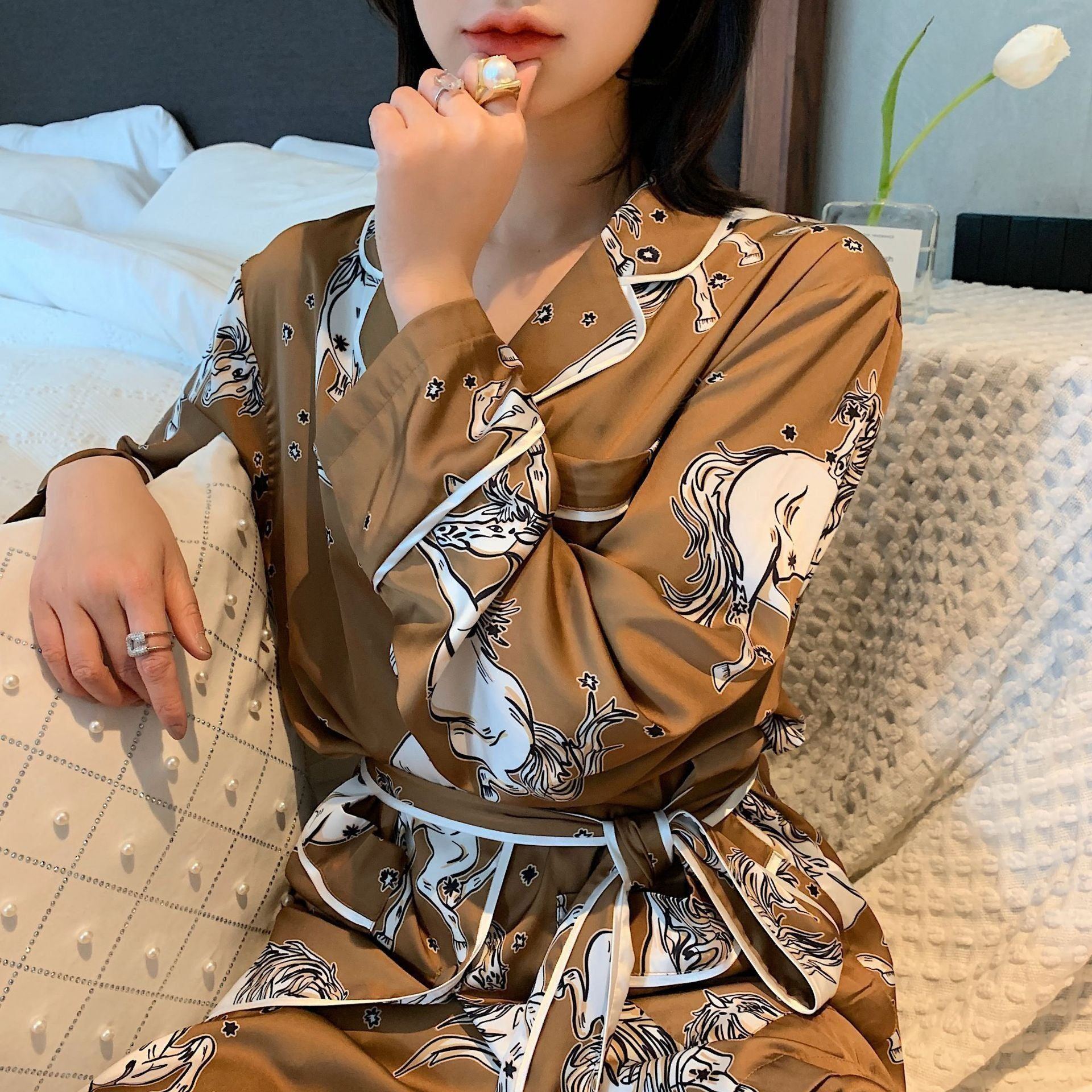 Belted Silk Pajamas Home Clothes Women's Suit - Jointcorp