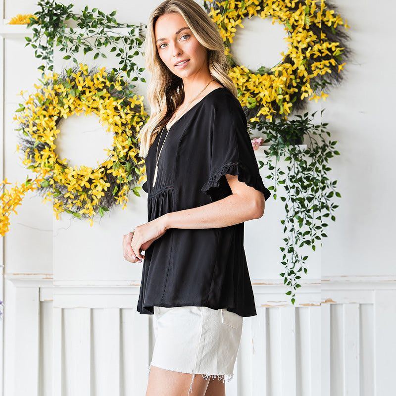 V-neck Ribbon Ruffle Top Women's Short-sleeved Pullover