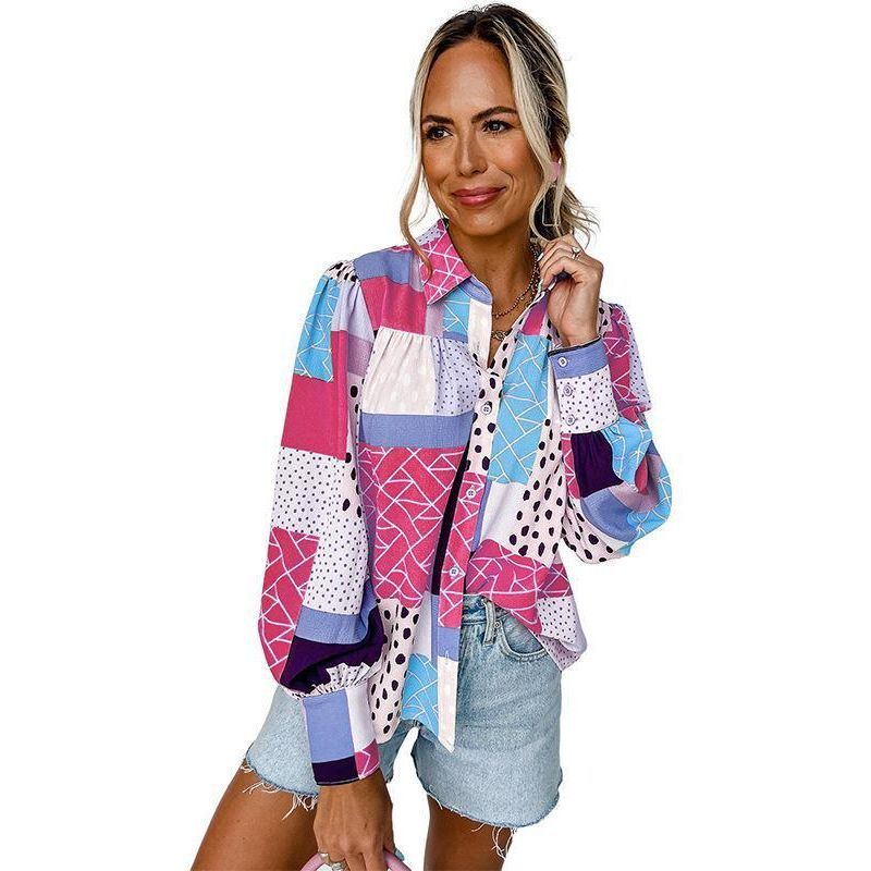 Abstract Geometric Printed Lantern Sleeve Single-breasted Shirt