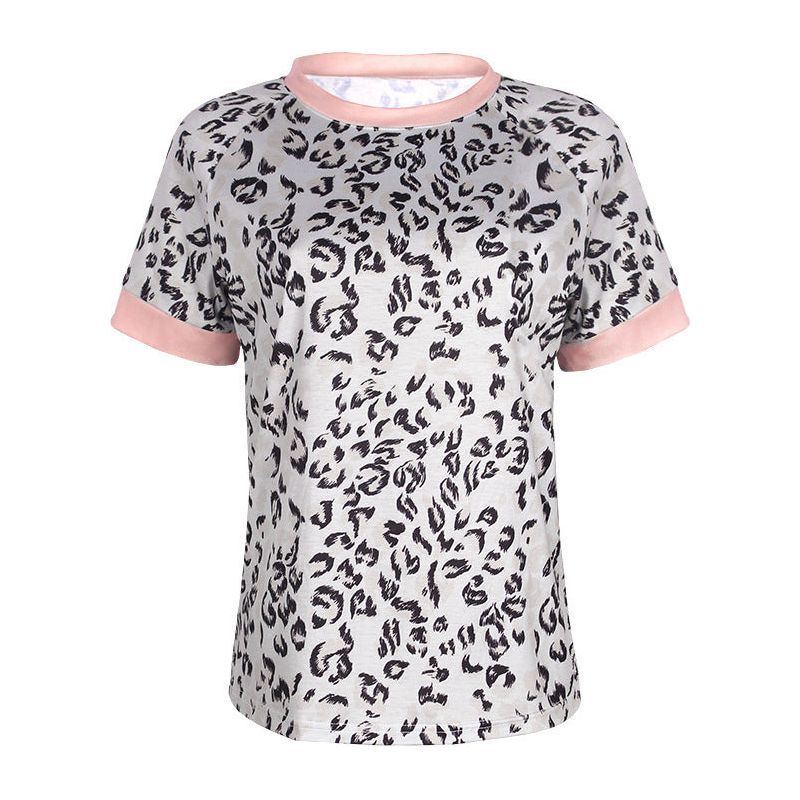 Leopard Print Contrast Color Round Neck Short-sleeved Casual T-shirt
