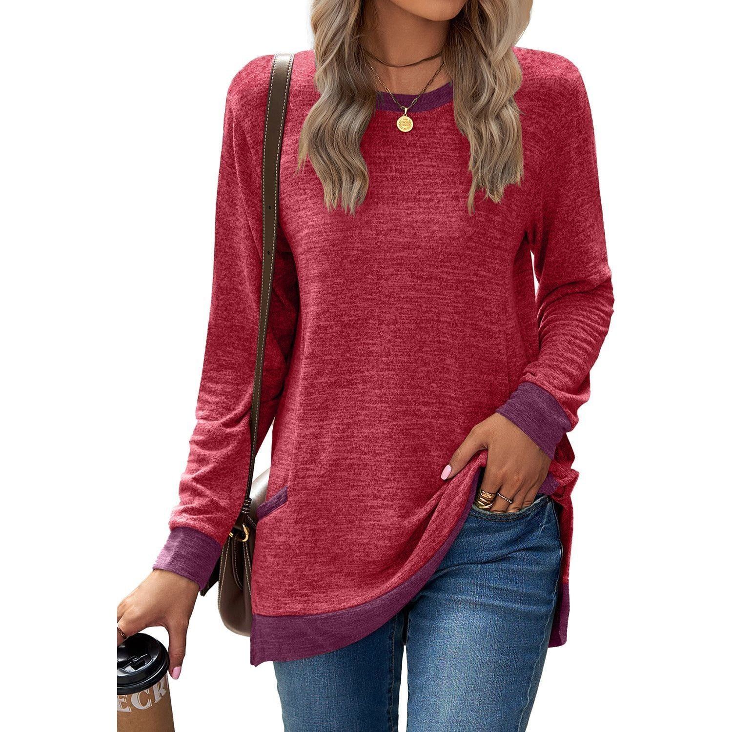 Round Neck Multicolor Pocket Long Sleeve Pullover Top Loose-fitting Casual T-shirt