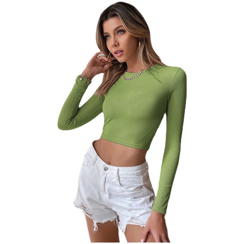 Sexy Backless Casual Short Slim Knit Long Sleeve T-shirt Top As A Base To Wear