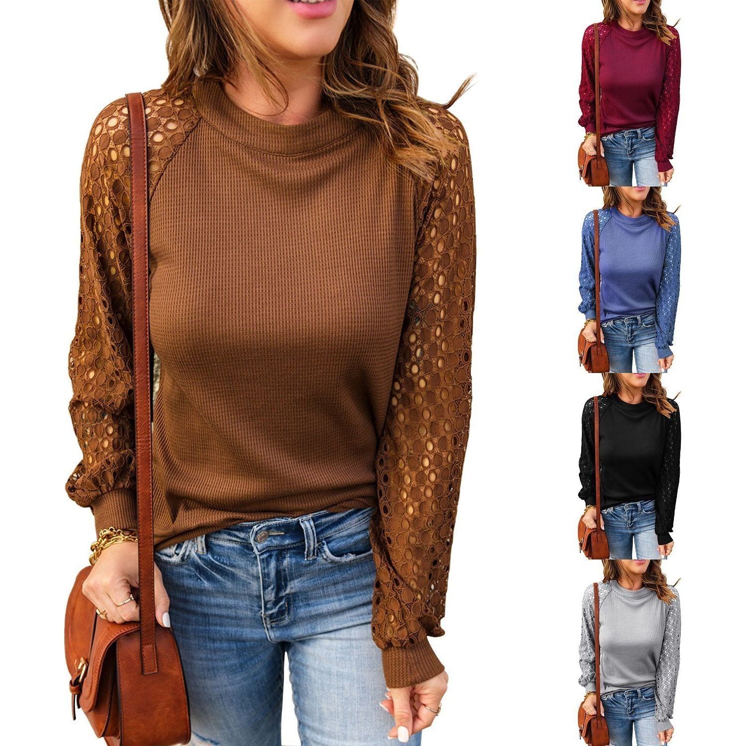 New Women's Round Neck Lace Stitching Long-sleeved Top T-shirt - Jointcorp