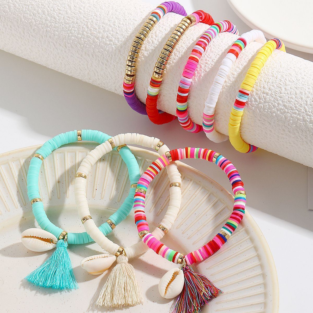 Multicolored Tassel Polymer Clay Shell Bohemian Bracelet - Jointcorp