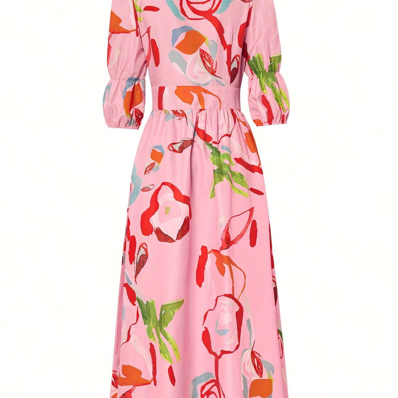 Allover Print V-neck Dress, Elegant Short Sleeve A-line Dress For Spring & Summer, Women's Clothing