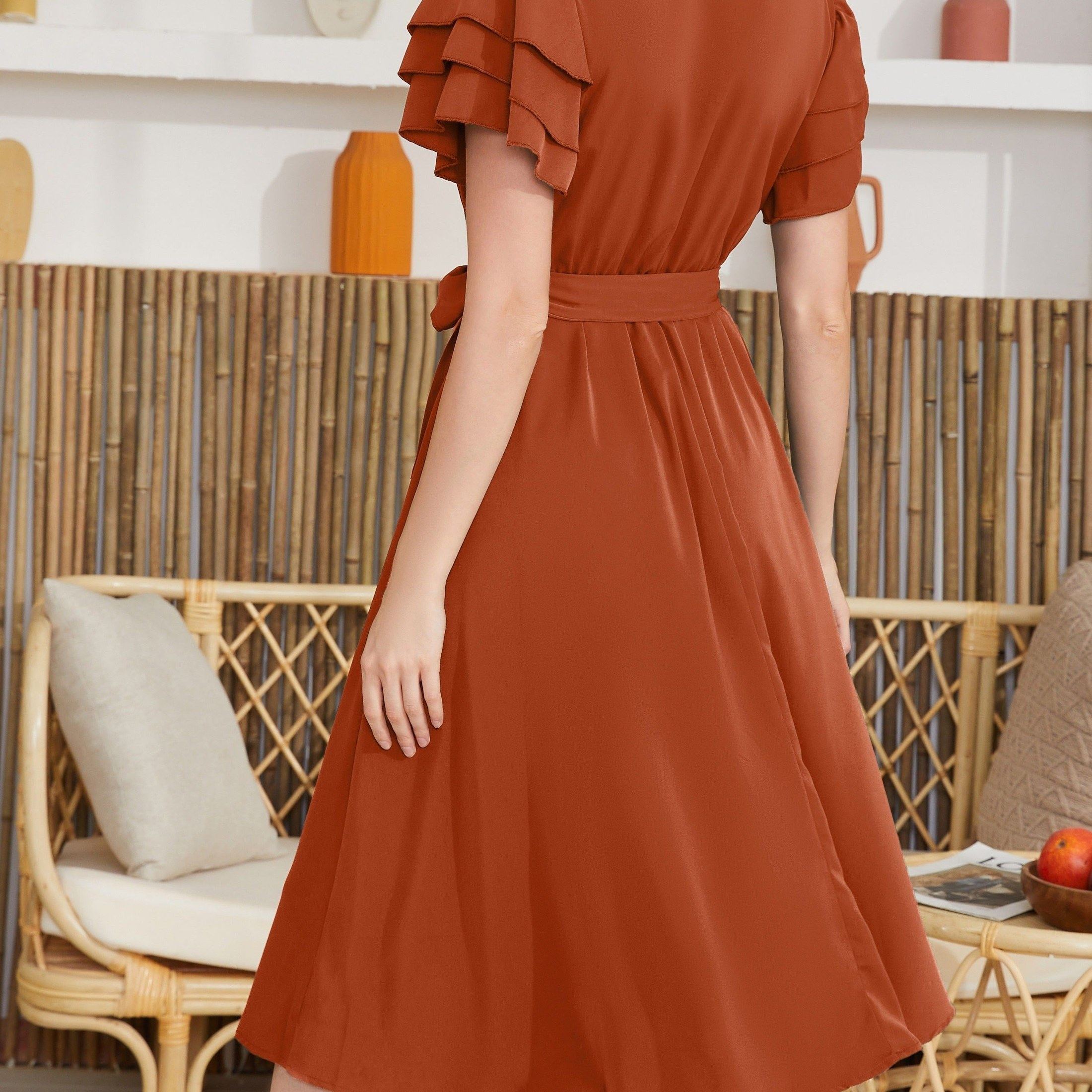 Belted Layered Ruffle Hem Dress, Casual V Neck Short Sleeve Dress, Women's Clothing