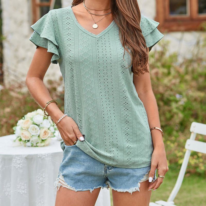 Women's Clothing T-shirt Hole Hollow-out Ruffle Sleeve Casual Top - Jointcorp