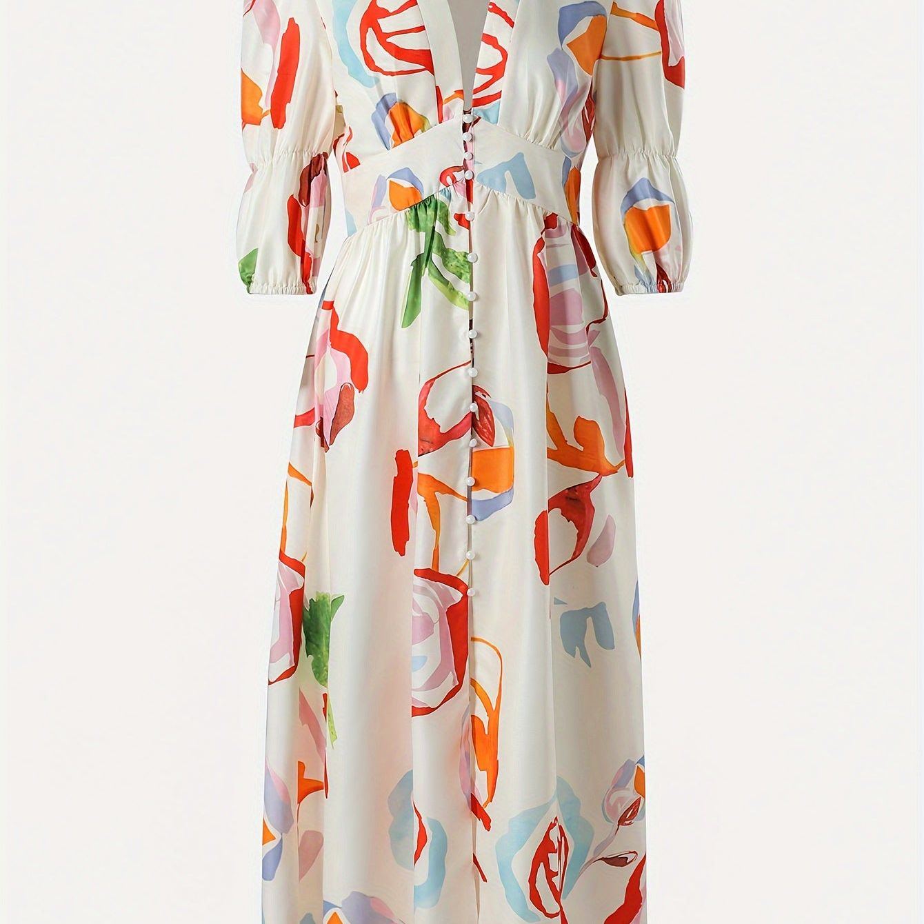 Allover Print V-neck Dress, Elegant Short Sleeve A-line Dress For Spring & Summer, Women's Clothing