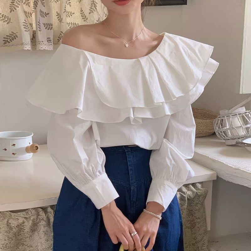 Elegant Irregular Slash Collar Stitching Double Layer Blouse - Jointcorp