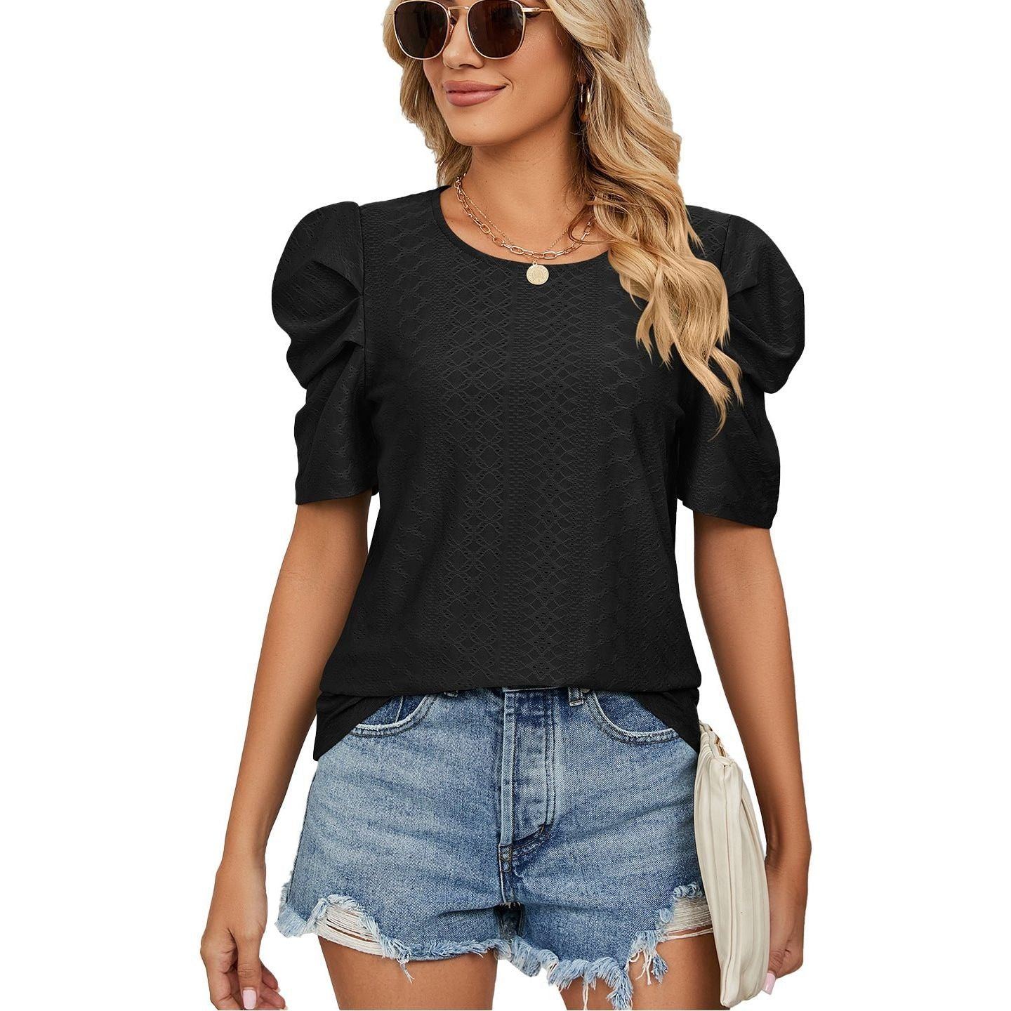New Solid Color Round Neck Pleated Oversleeves Loose-fitting T-shirt Top Women - Jointcorp