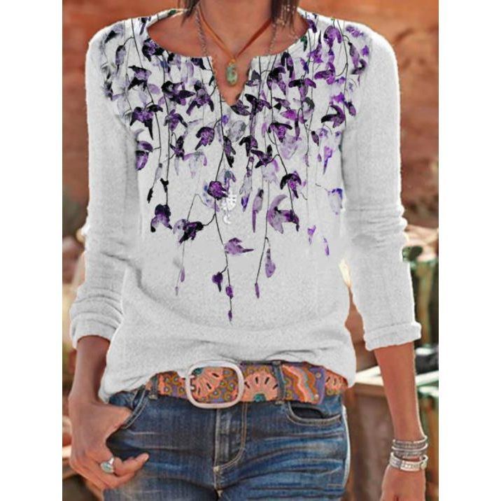 European And American Round Neck Leaves Printed V-neck Casual Loose-fitting T-shirt