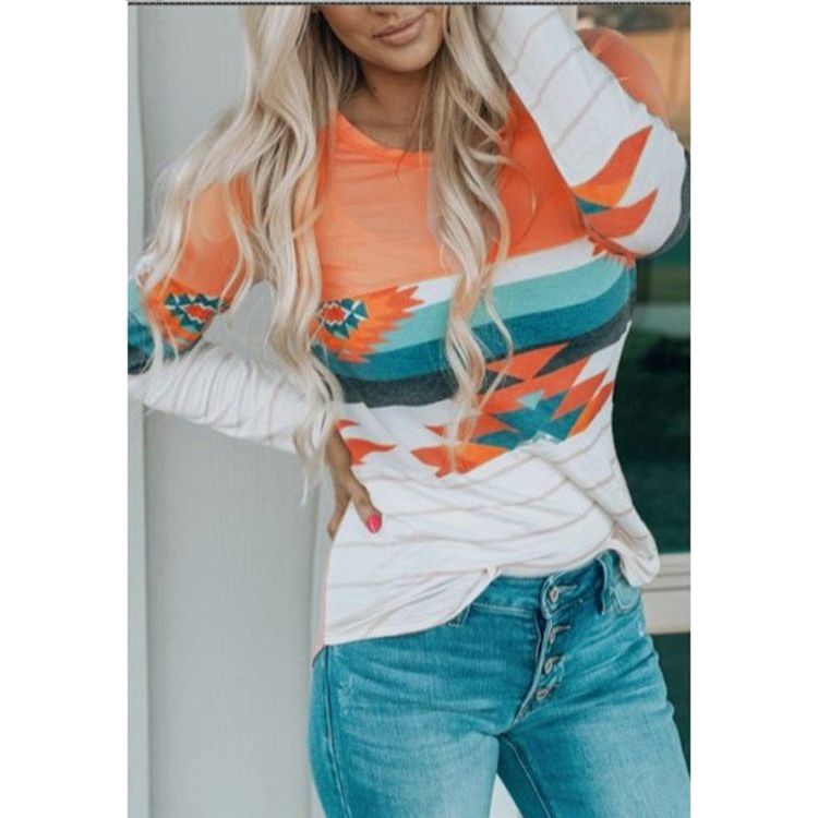 Women's Printed Round Neck Knitted Long-sleeved Top T-shirt