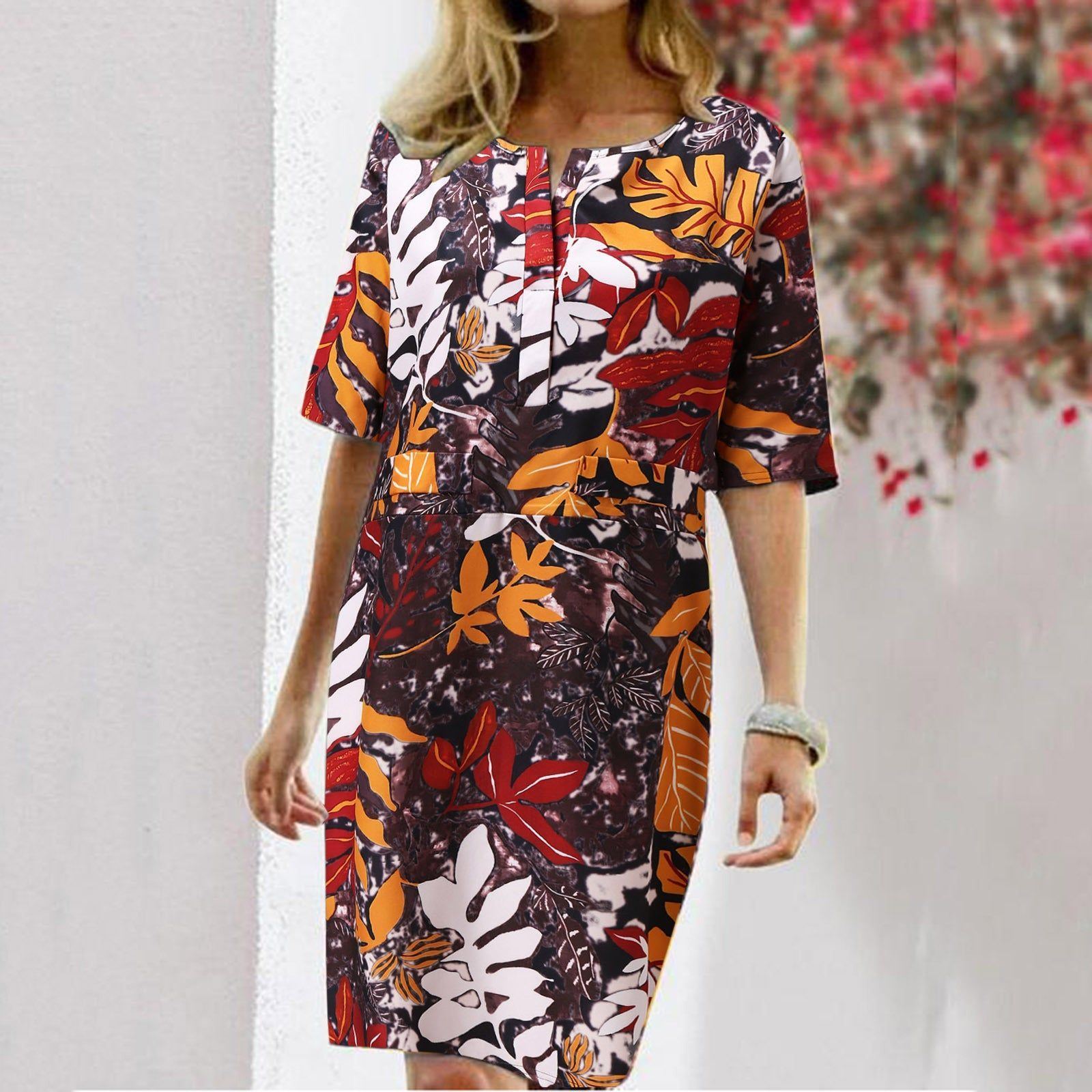 Vintage Dress Women Summer Floral Leaf Print Slit Round Neck Half Sleeve Dresses - Jointcorp