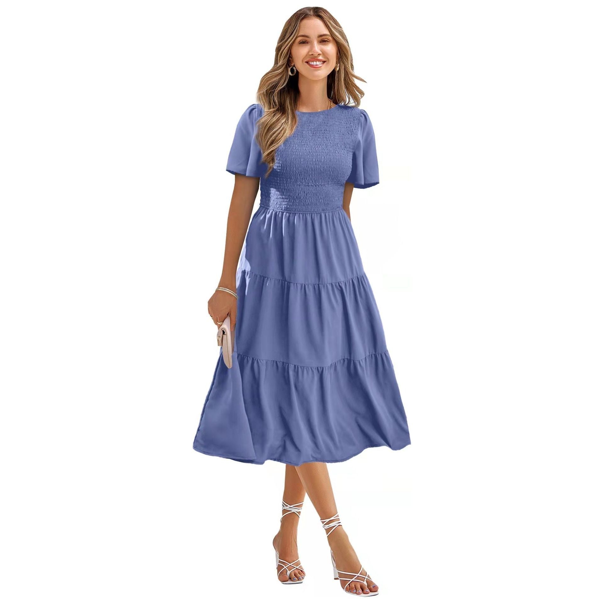 Women's Round Neck Smocked Short Sleeve Casual Dress Swing Flowy Ruffle Hem Mini Beach Summer Dresses - Jointcorp