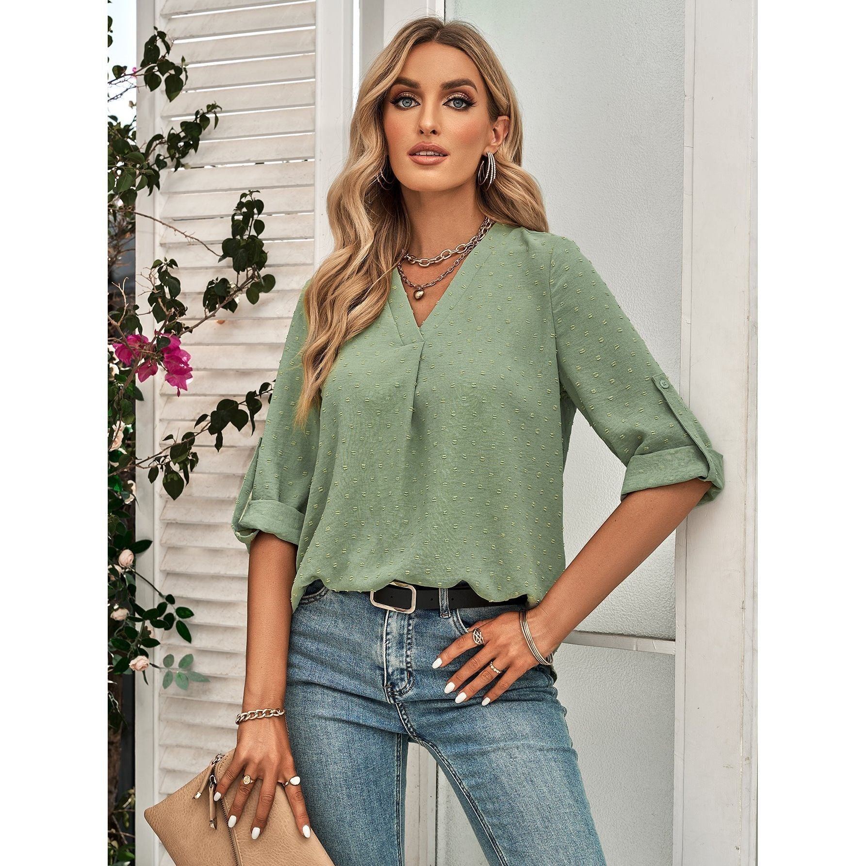 Spring And Summer Women's Clothing Fashion Solid Color Loose V-neck 34 Sleeves Top