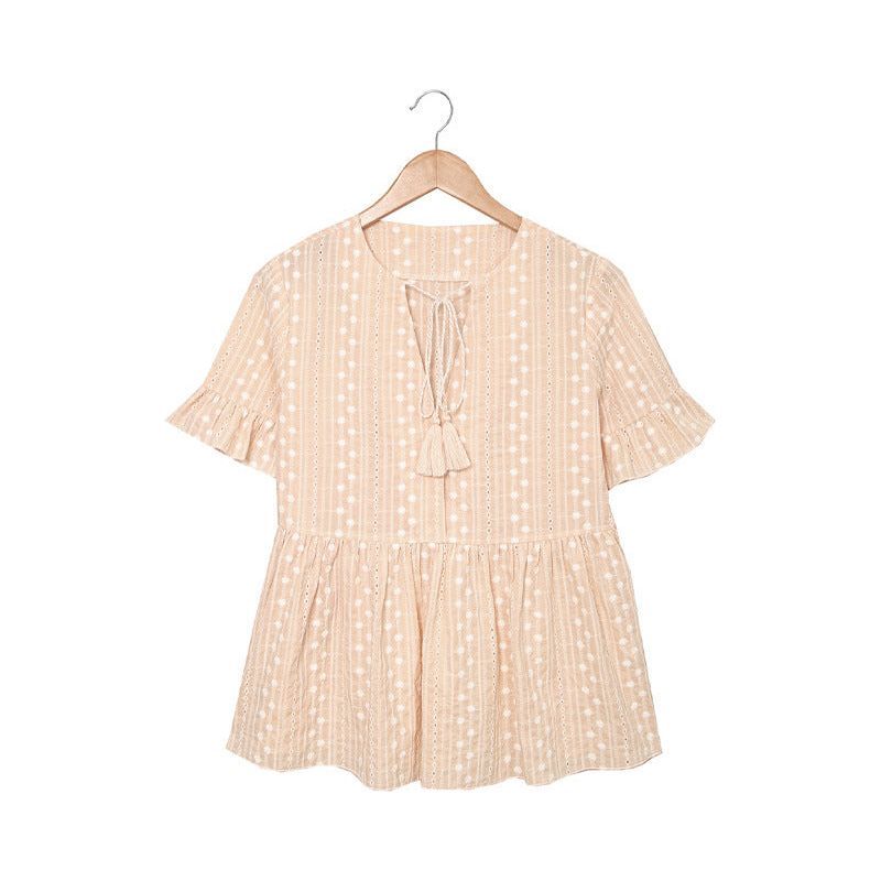 New Cotton Pullover Short Sleeves And Dots Lace V-neck Top For Women