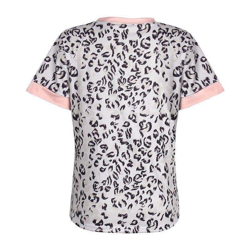Leopard Print Contrast Color Round Neck Short-sleeved Casual T-shirt